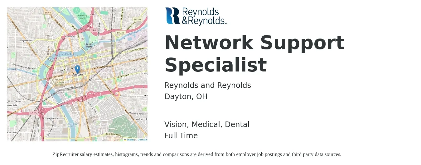 The Reynolds and Reynolds Company job posting for a Network Support Specialist in Dayton, OH with a salary of $22 to $34 Hourly and benefits including retirement, vision, dental, life_insurance, medical, and pto with a map of Dayton location.