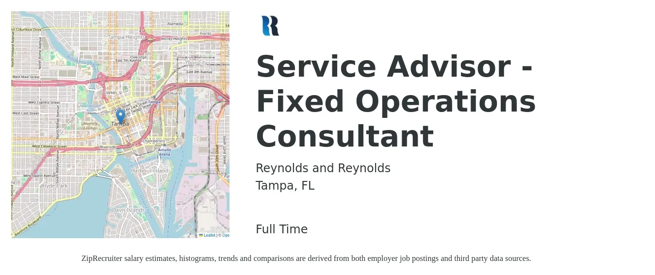 The Reynolds and Reynolds Company job posting for a Service Advisor - Fixed Operations Consultant in Tampa, FL with a salary of $18 to $29 Hourly and benefits including dental, life_insurance, medical, pto, retirement, and vision with a map of Tampa location.