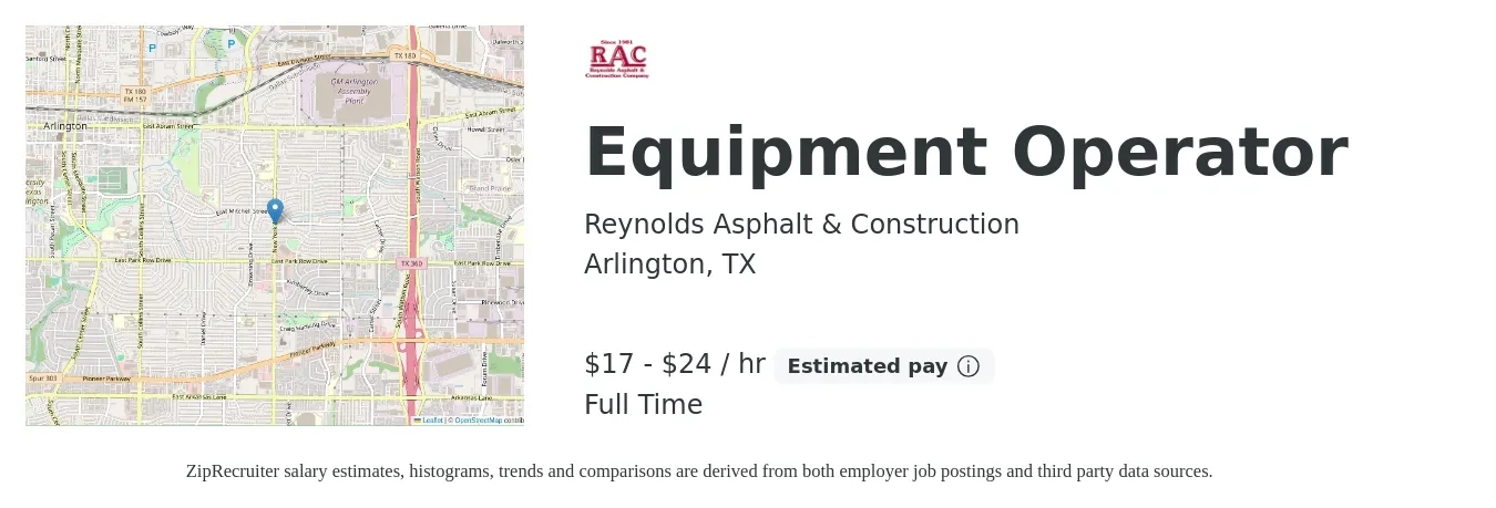 Reynolds Asphalt & Construction job posting for a Equipment Operator in Arlington, TX with a salary of $18 to $25 Hourly with a map of Arlington location.