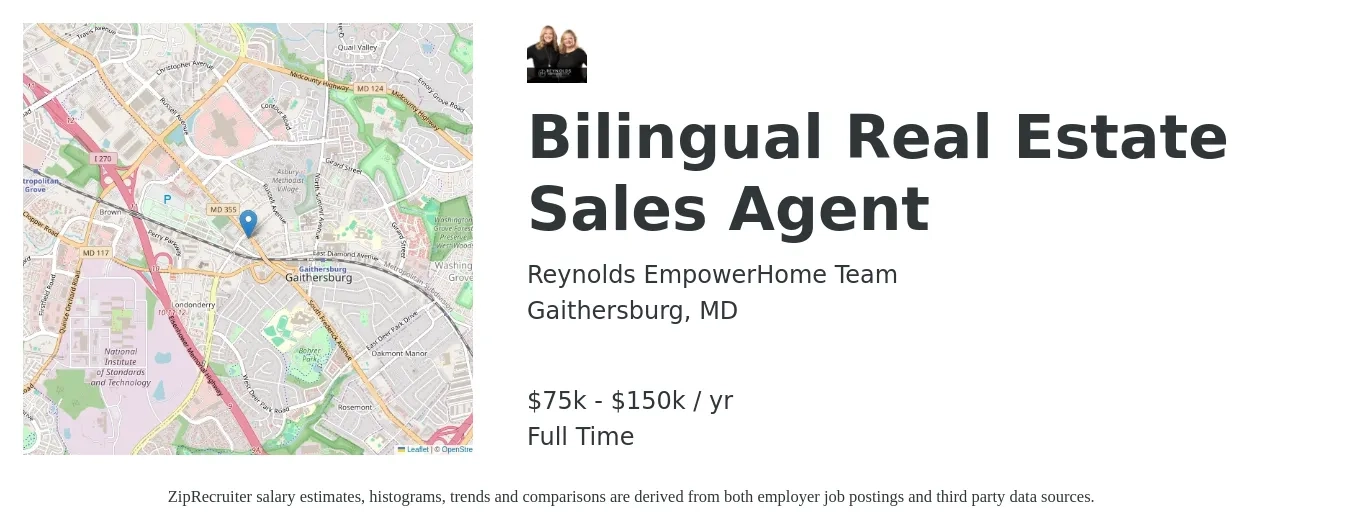 Reynolds EmpowerHome Team job posting for a Bilingual Real Estate Sales Agent in Gaithersburg, MD with a salary of $75,000 to $150,000 Yearly with a map of Gaithersburg location.