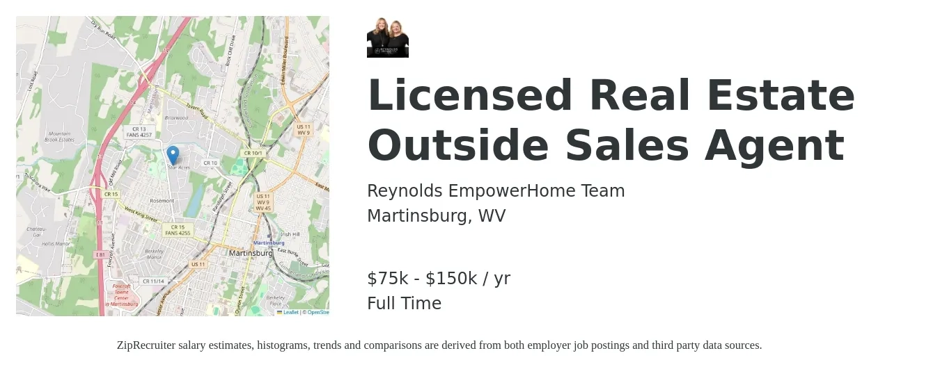 Reynolds EmpowerHome Team job posting for a Licensed Real Estate Outside Sales Agent in Martinsburg, WV with a salary of $75,000 to $150,000 Yearly with a map of Martinsburg location.