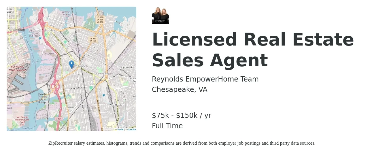 Reynolds EmpowerHome Team job posting for a Licensed Real Estate Sales Agent in Chesapeake, VA with a salary of $75,000 to $150,000 Yearly with a map of Chesapeake location.