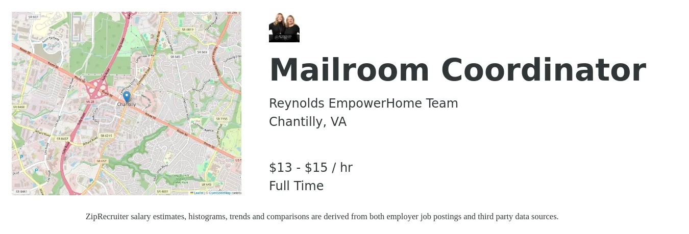 Reynolds EmpowerHome Team job posting for a Mailroom Coordinator in Chantilly, VA with a salary of $14 to $16 Hourly with a map of Chantilly location.