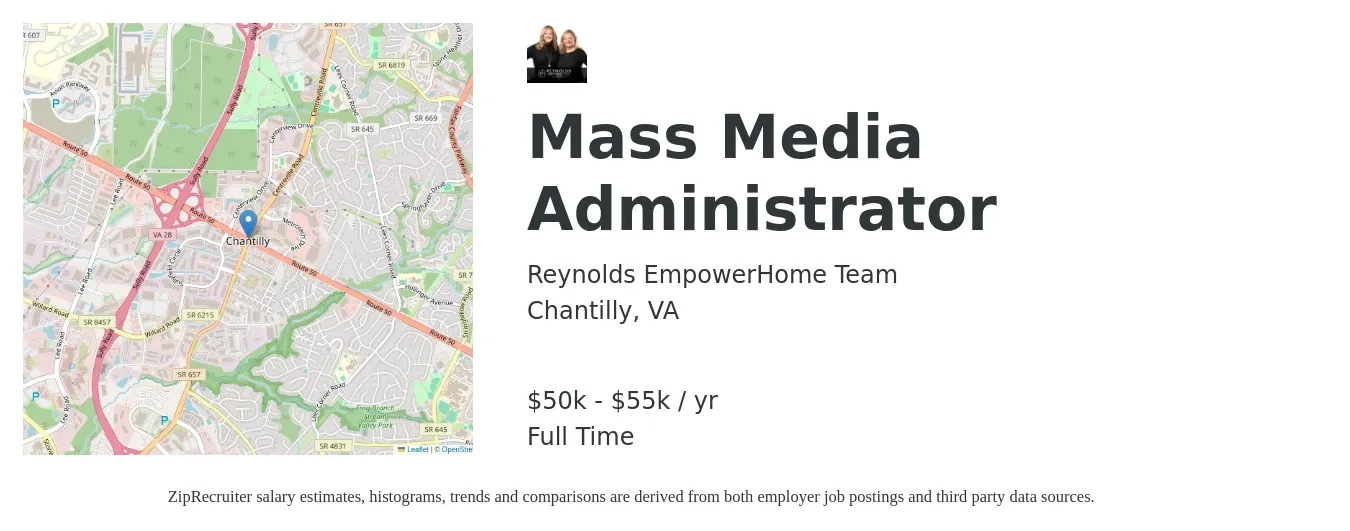 Reynolds EmpowerHome Team job posting for a Mass Media Administrator in Chantilly, VA with a salary of $50,000 to $55,000 Yearly with a map of Chantilly location.
