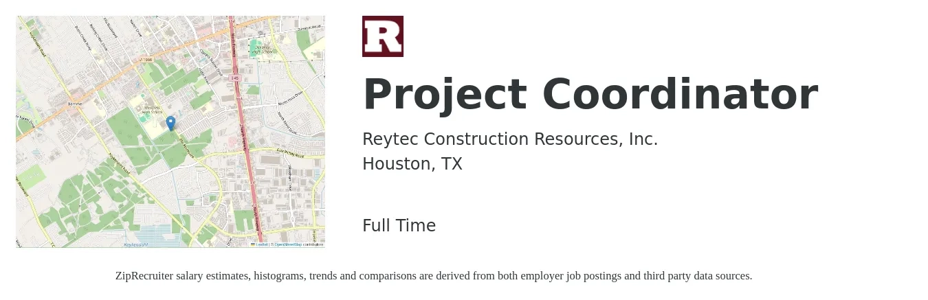 Reytec Construction Resources, Inc. job posting for a Project Coordinator in Houston, TX with a salary of $25 to $28 Hourly with a map of Houston location.