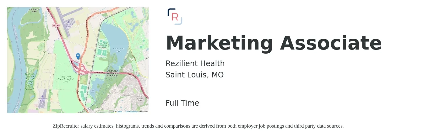 Rezilient Health job posting for a Marketing Associate in Saint Louis, MO with a salary of $40,800 to $56,400 Yearly with a map of Saint Louis location.