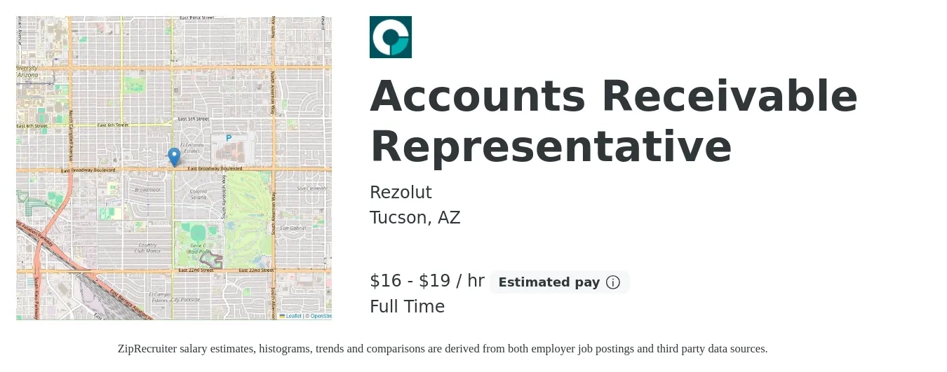 Rezolut job posting for a Accounts Receivable Representative in Tucson, AZ with a salary of $17 to $20 Hourly with a map of Tucson location.
