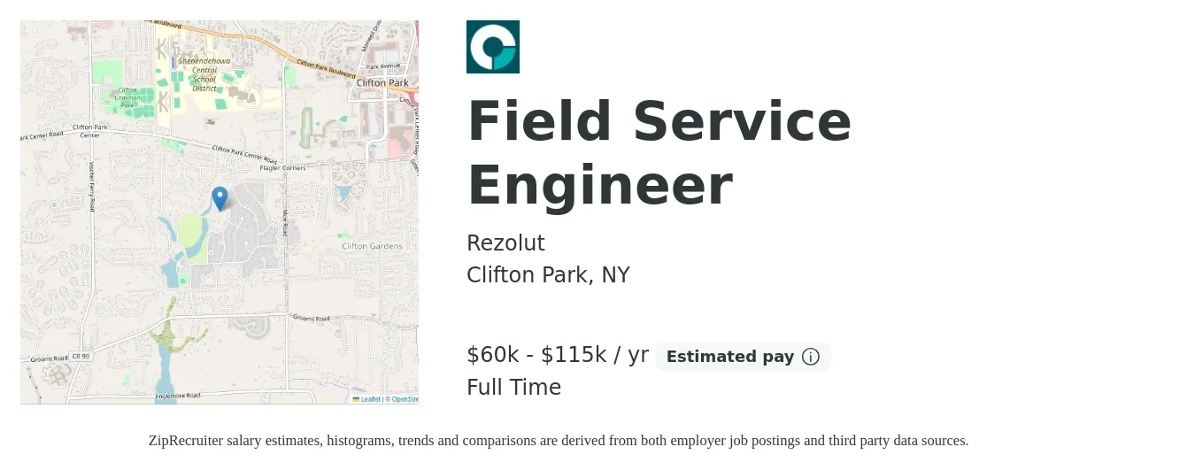 Rezolut job posting for a Field Service Engineer in Clifton Park, NY with a salary of $60,000 to $115,000 Yearly with a map of Clifton Park location.