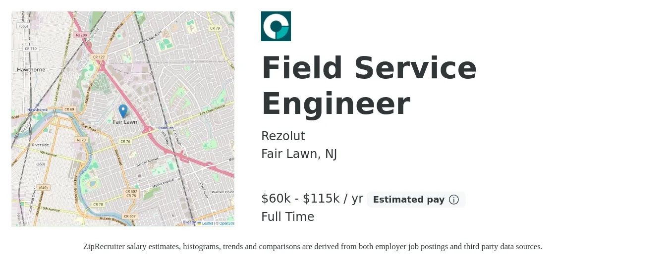 Rezolut job posting for a Field Service Engineer in Fair Lawn, NJ with a salary of $60,000 to $115,000 Yearly with a map of Fair Lawn location.