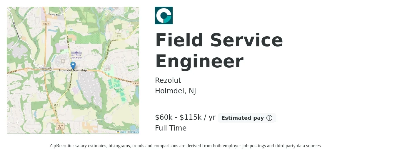 Rezolut job posting for a Field Service Engineer in Holmdel, NJ with a salary of $60,000 to $115,000 Yearly with a map of Holmdel location.