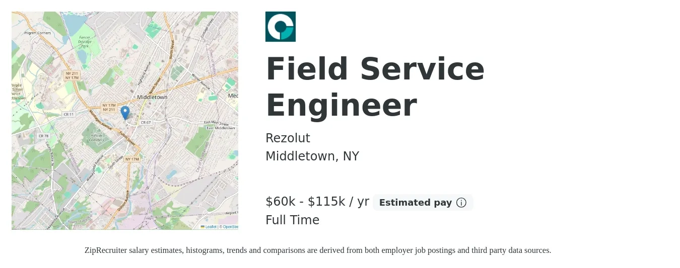Rezolut job posting for a Field Service Engineer in Middletown, NY with a salary of $60,000 to $115,000 Yearly with a map of Middletown location.