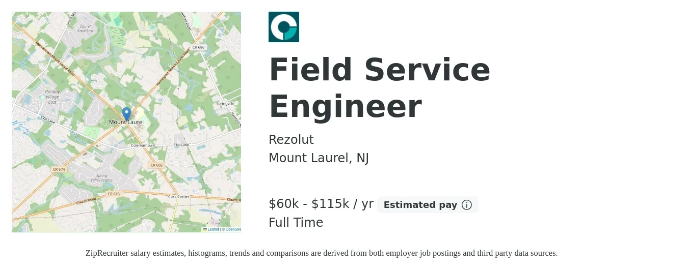 Rezolut job posting for a Field Service Engineer in Mount Laurel, NJ with a salary of $60,000 to $115,000 Yearly with a map of Mount Laurel location.