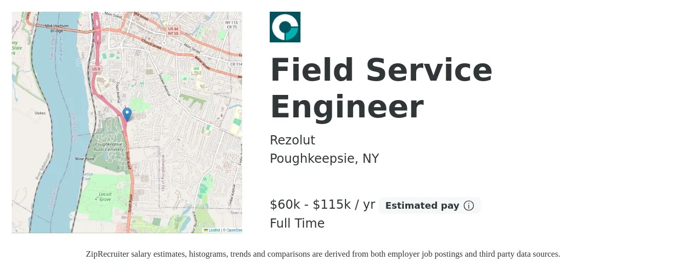 Rezolut job posting for a Field Service Engineer in Poughkeepsie, NY with a salary of $60,000 to $115,000 Yearly with a map of Poughkeepsie location.