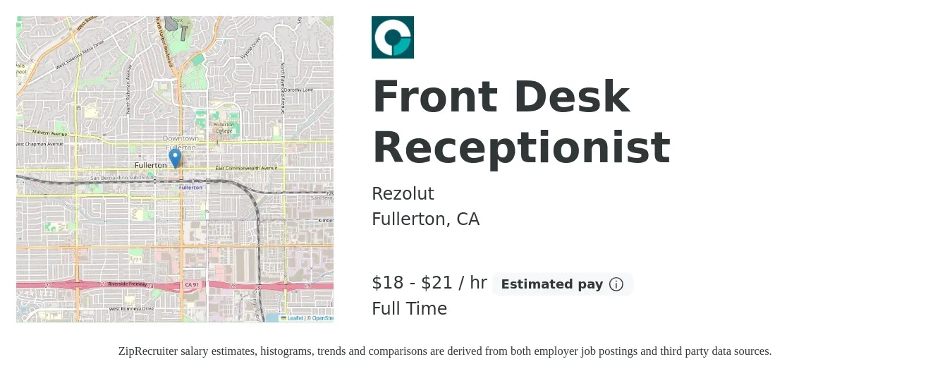 Rezolut job posting for a Front Desk Receptionist in Fullerton, CA with a salary of $19 to $22 Hourly with a map of Fullerton location.