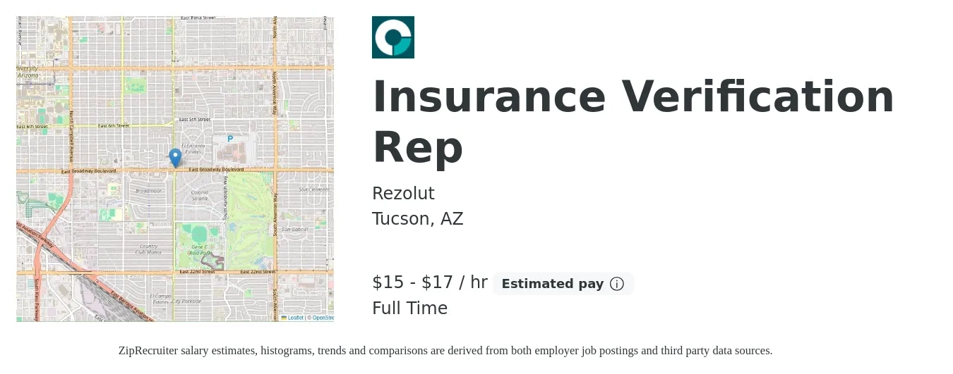 Rezolut job posting for a Insurance Verification Rep in Tucson, AZ with a salary of $16 to $18 Hourly with a map of Tucson location.