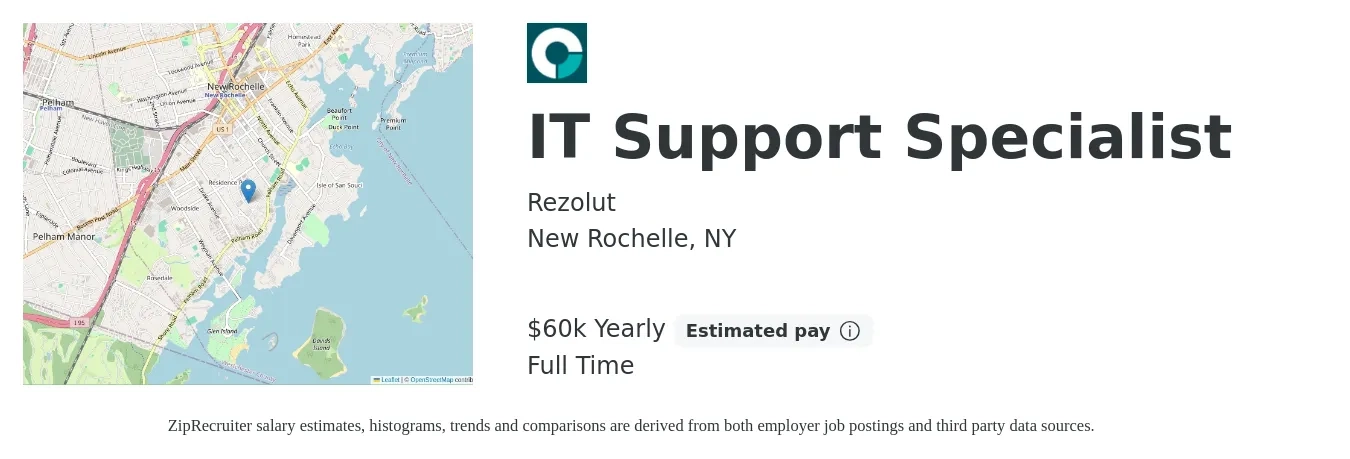 Rezolut job posting for a IT Support Specialist in New Rochelle, NY with a salary of $60,000 Yearly with a map of New Rochelle location.