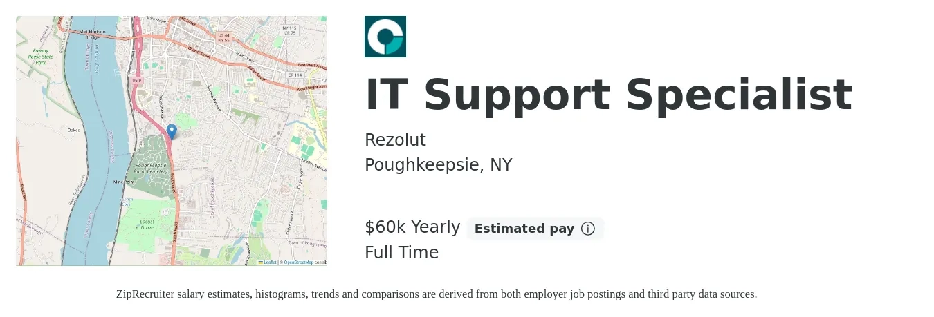 Rezolut job posting for a IT Support Specialist in Poughkeepsie, NY with a salary of $60,000 Yearly with a map of Poughkeepsie location.