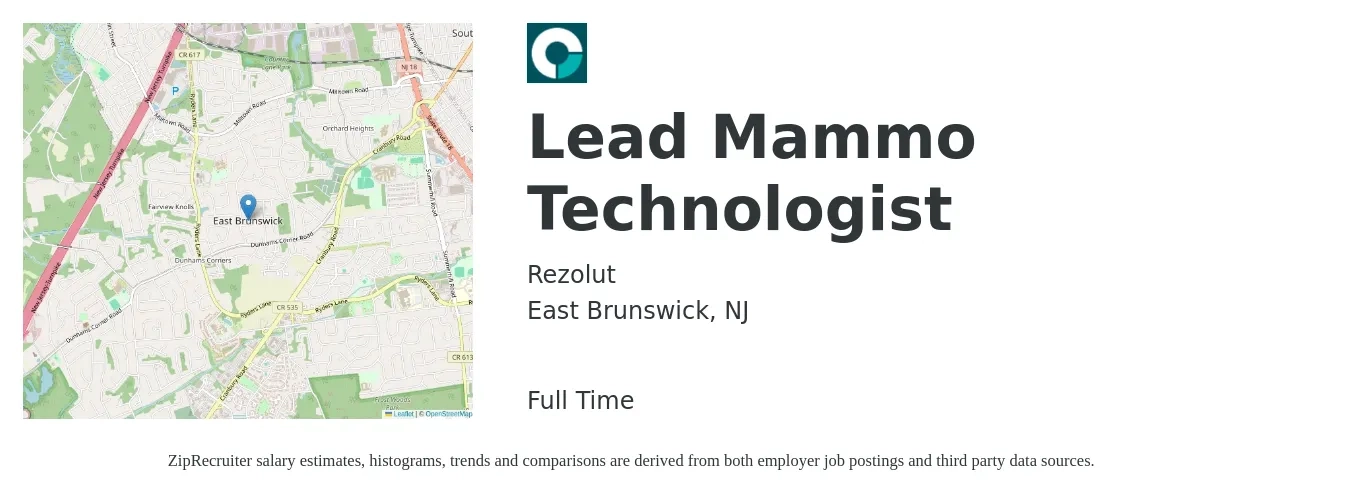Rezolut job posting for a Lead Mammo Technologist in East Brunswick, NJ with a salary of $30 to $56 Hourly with a map of East Brunswick location.