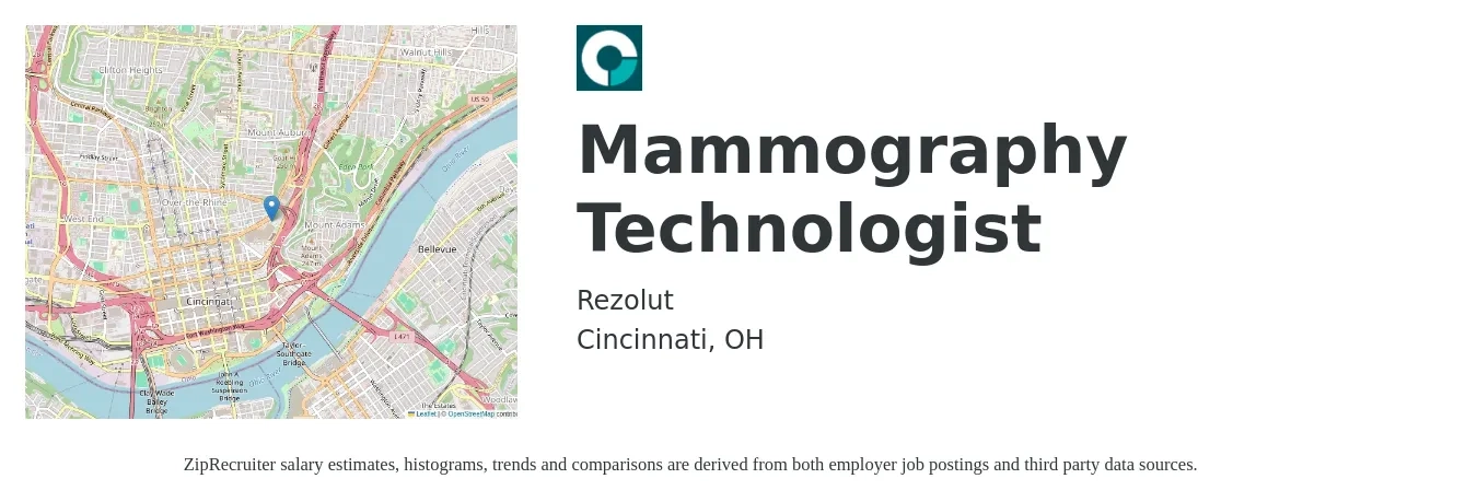 Rezolut job posting for a Mammography Technologist in Cincinnati, OH with a salary of $29 to $54 Hourly with a map of Cincinnati location.