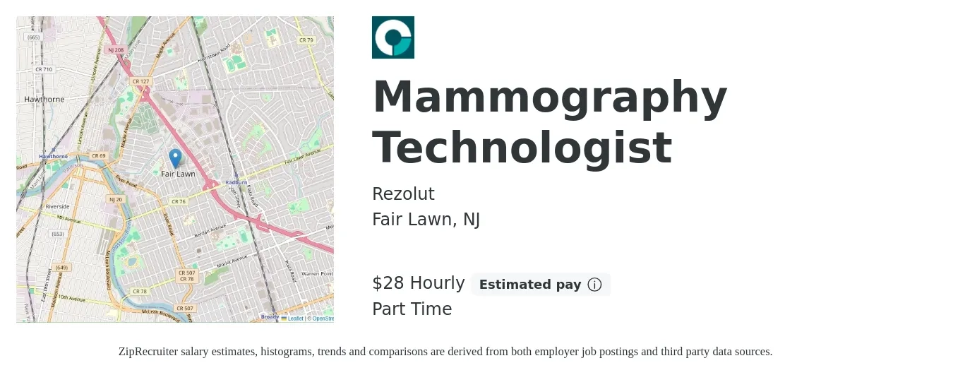 Rezolut job posting for a Mammography Technologist in Fair Lawn, NJ with a salary of $30 Hourly with a map of Fair Lawn location.