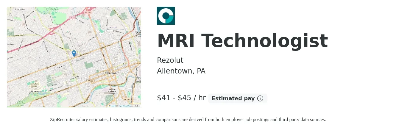 Rezolut job posting for a MRI Technologist in Allentown, PA with a salary of $43 to $47 Hourly with a map of Allentown location.