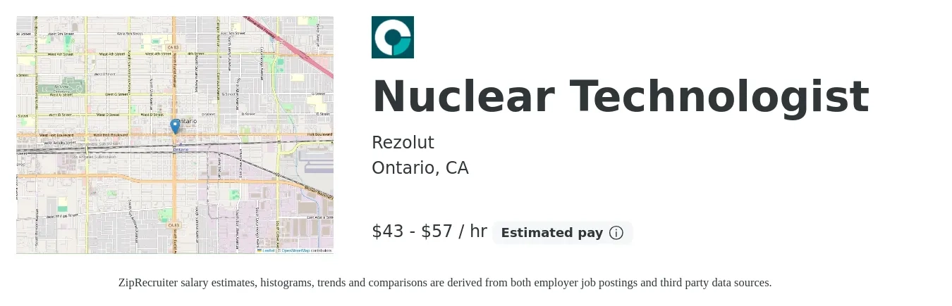 Rezolut job posting for a Nuclear Technologist in Ontario, CA with a salary of $45 to $60 Hourly with a map of Ontario location.
