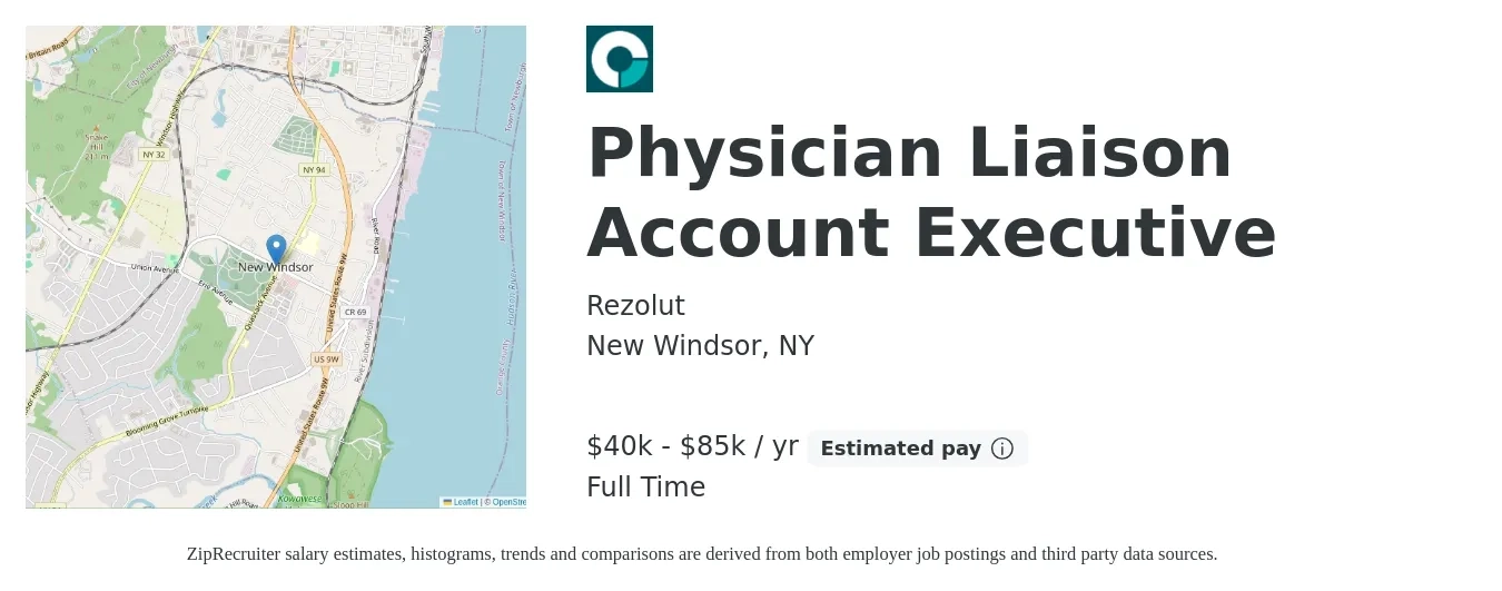 Rezolut job posting for a Physician Liaison Account Executive in New Windsor, NY with a salary of $40,000 to $85,000 Yearly with a map of New Windsor location.