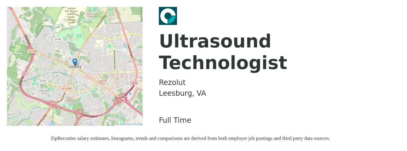 Rezolut job posting for a Ultrasound Technologist in Leesburg, VA with a salary of $1,640 to $2,770 Weekly with a map of Leesburg location.