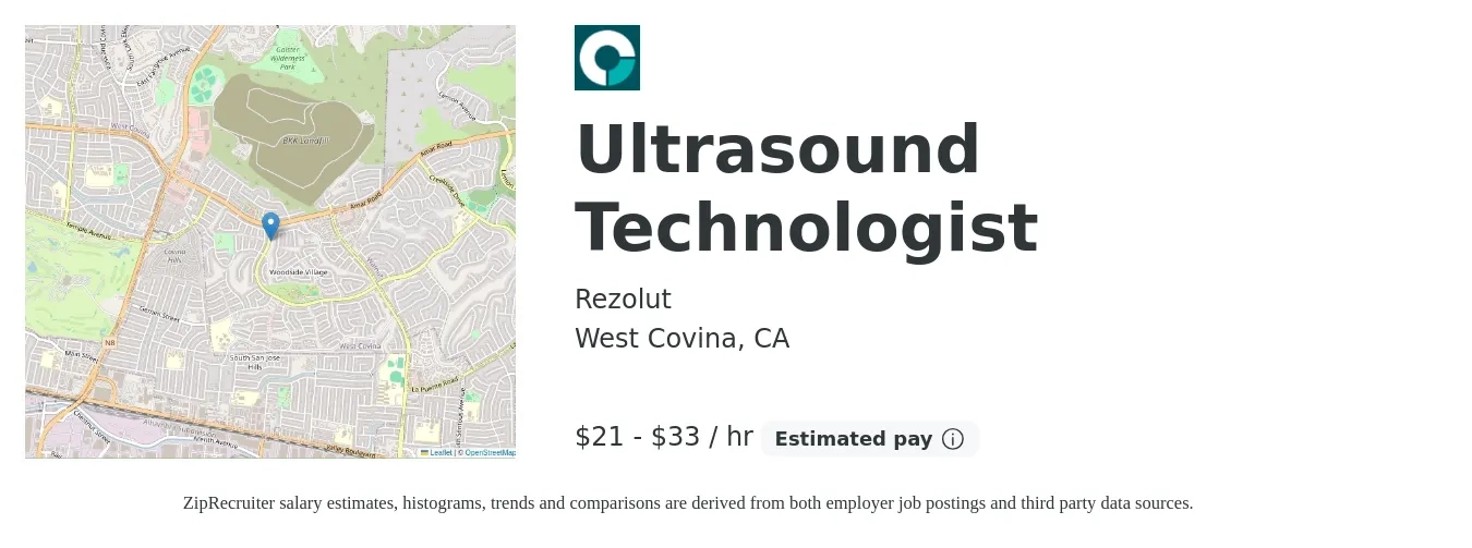 Rezolut job posting for a Ultrasound Technologist in West Covina, CA with a salary of $22 to $35 Hourly with a map of West Covina location.