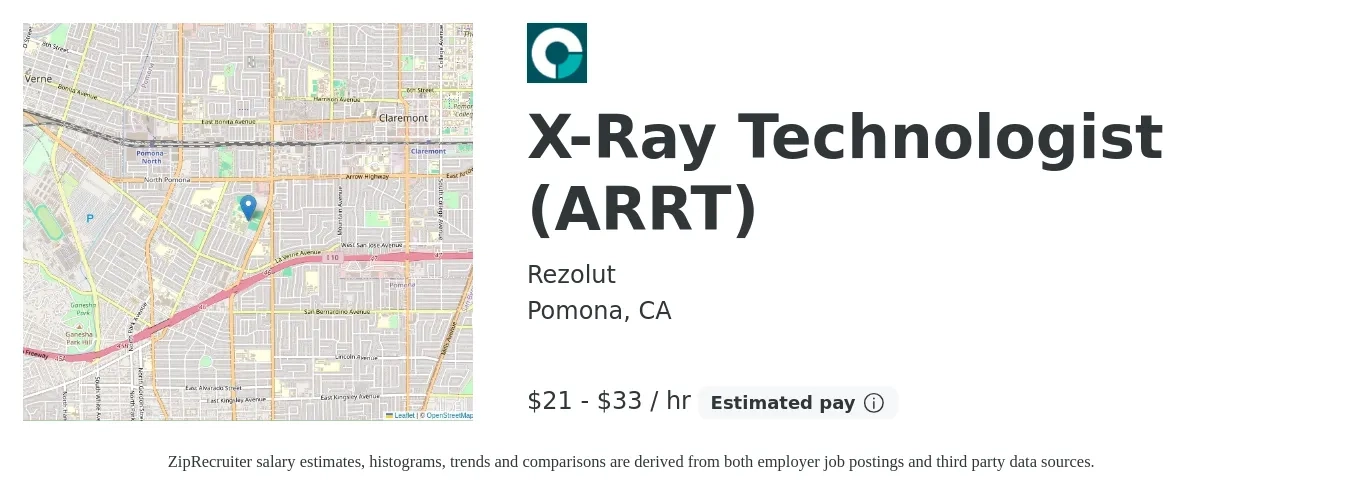 Rezolut job posting for a X-Ray Technologist (ARRT) in Pomona, CA with a salary of $22 to $35 Hourly with a map of Pomona location.