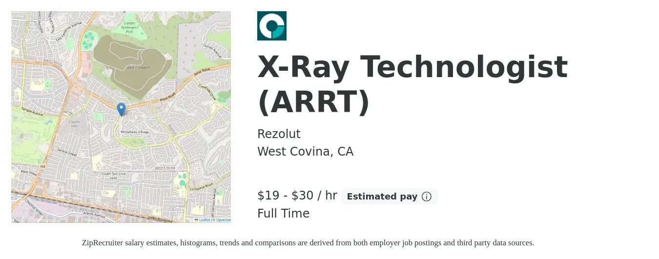 Rezolut job posting for a X-Ray Technologist (ARRT) in West Covina, CA with a salary of $20 to $32 Hourly with a map of West Covina location.