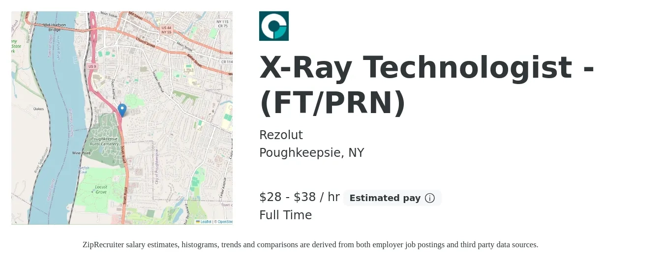 Rezolut job posting for a X-Ray Technologist - (FT/PRN) in Poughkeepsie, NY with a salary of $30 to $40 Hourly with a map of Poughkeepsie location.