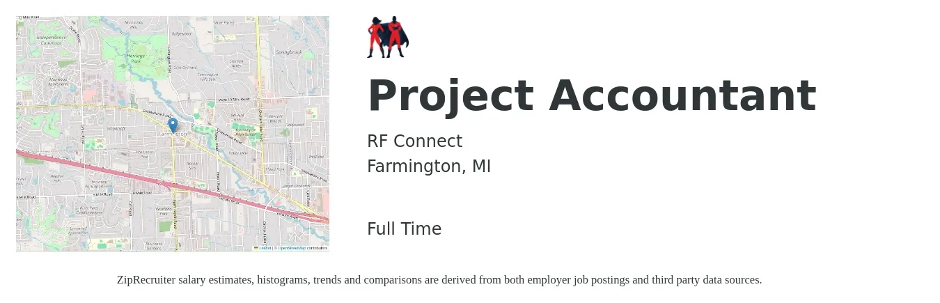 RF Connect job posting for a Project Accountant in Farmington, MI with a salary of $60,000 to $78,700 Yearly with a map of Farmington location.