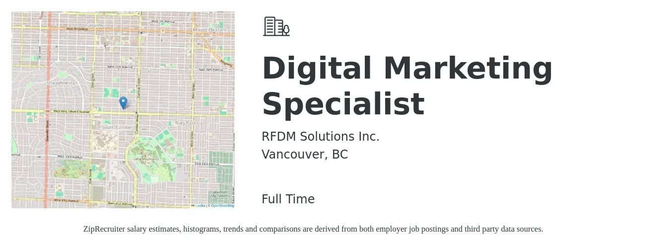 RFDM Solutions Inc. job posting for a Digital Marketing Specialist in Vancouver, BC with a map of Vancouver location.