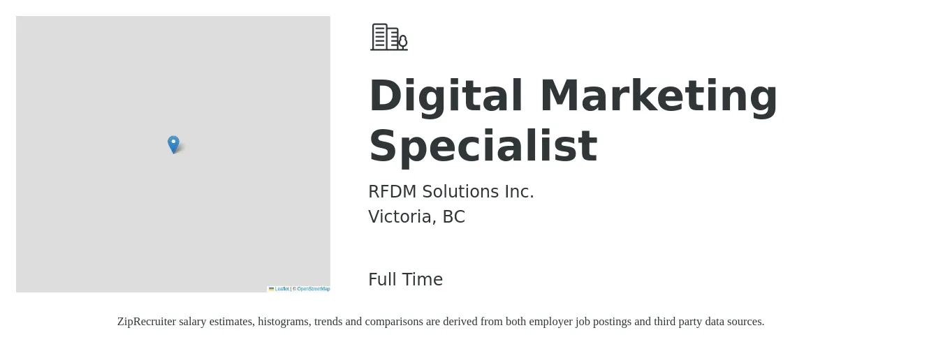 RFDM Solutions Inc. job posting for a Digital Marketing Specialist in Victoria, BC with a map of Victoria location.