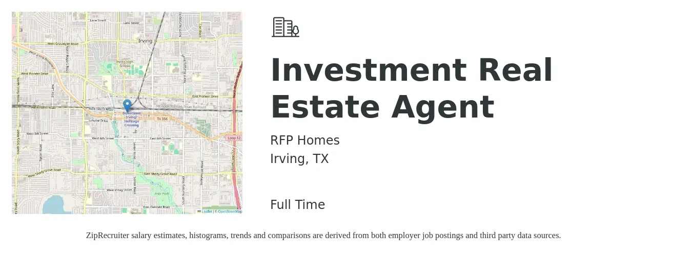 RFP Homes job posting for a Investment Real Estate Agent in Irving, TX with a salary of $55,700 to $92,800 Yearly with a map of Irving location.