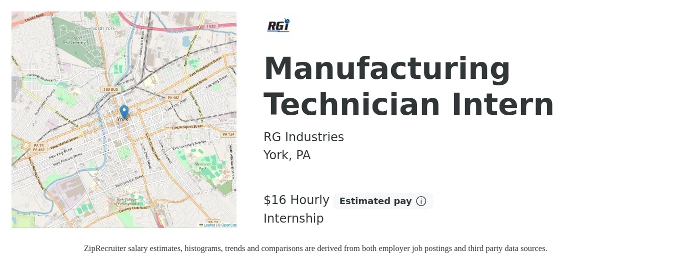 RG Industries job posting for a Manufacturing Technician Intern in York, PA with a salary of $17 Hourly with a map of York location.