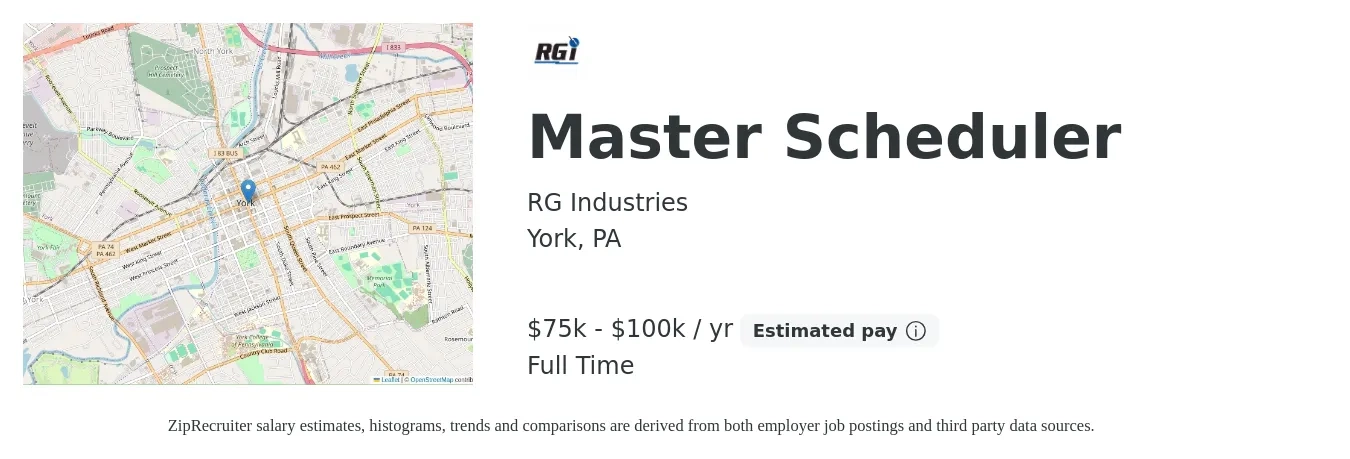 RG Industries job posting for a Master Scheduler in York, PA with a salary of $75,000 to $100,000 Yearly with a map of York location.