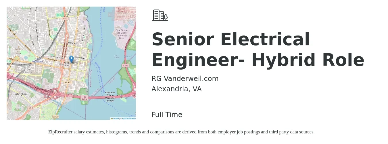 RG Vanderweil.com job posting for a Senior Electrical Engineer- Hybrid Role in Alexandria, VA with a salary of $114,900 to $149,600 Yearly with a map of Alexandria location.