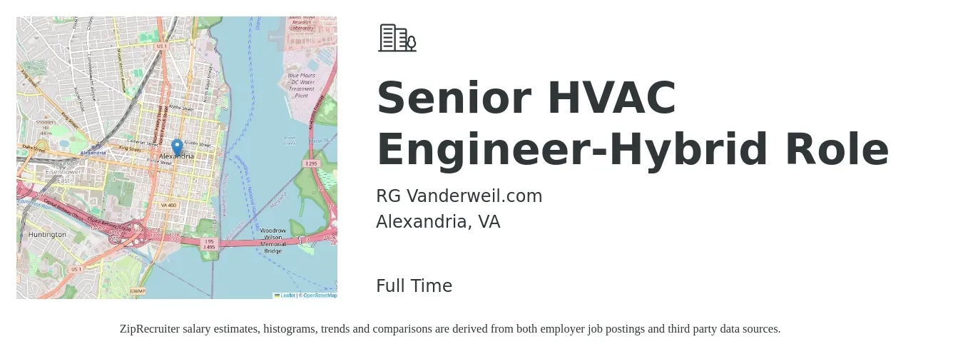 RG Vanderweil.com job posting for a Senior HVAC Engineer-Hybrid Role in Alexandria, VA with a salary of $111,700 to $153,400 Yearly with a map of Alexandria location.