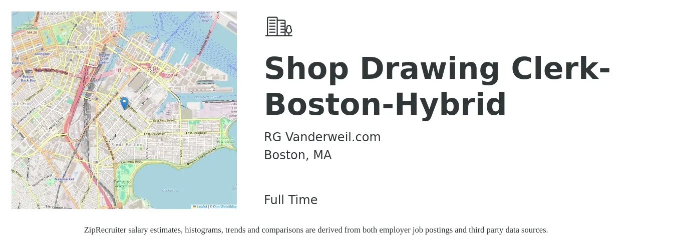 RG Vanderweil.com job posting for a Shop Drawing Clerk- Boston-Hybrid in Boston, MA with a salary of $16 to $19 Hourly with a map of Boston location.