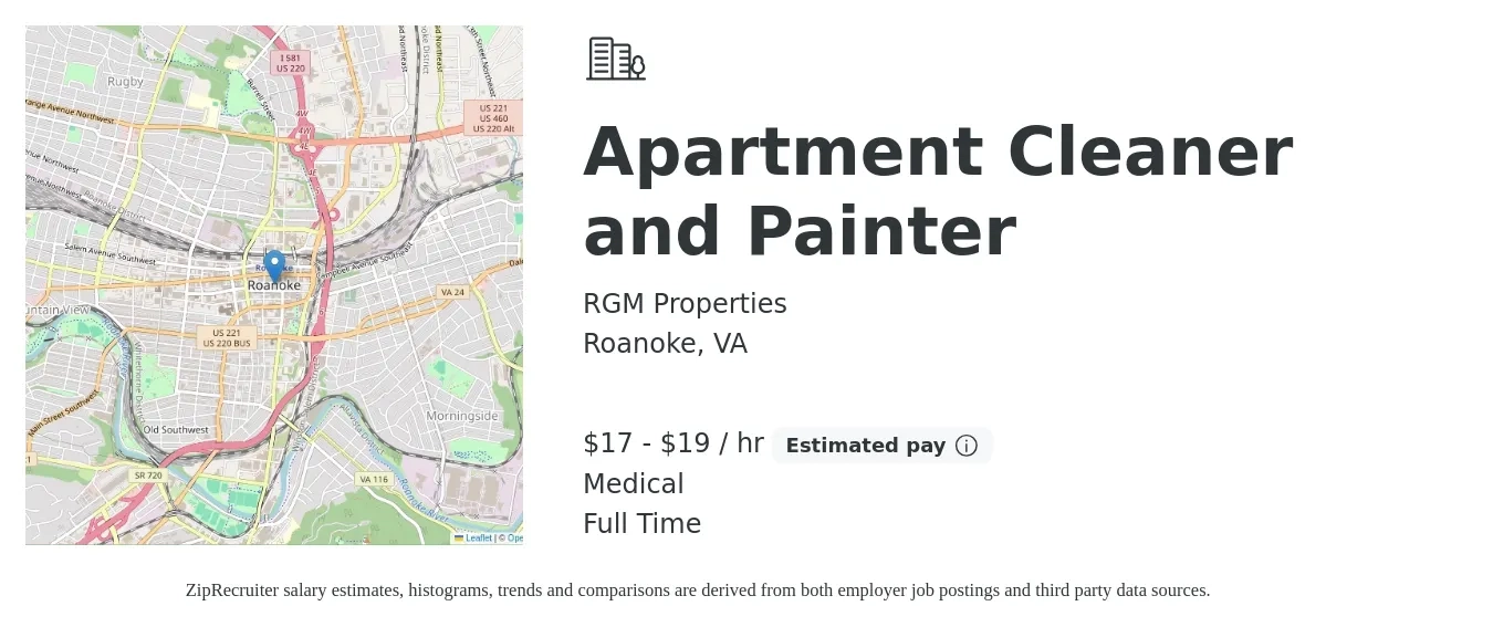 RGM Properties job posting for a Apartment Cleaner and Painter in Roanoke, VA with a salary of $18 to $20 Hourly and benefits including medical, pto, and retirement with a map of Roanoke location.