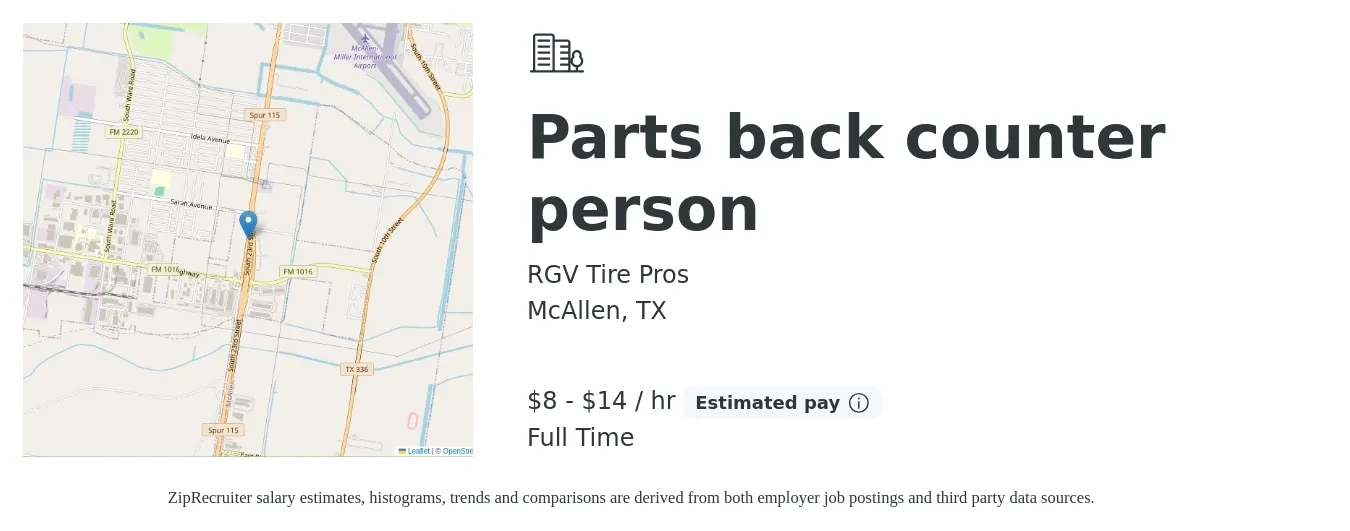 RGV Tire Pros job posting for a Parts back counter person in McAllen, TX with a salary of $9 to $15 Hourly with a map of McAllen location.