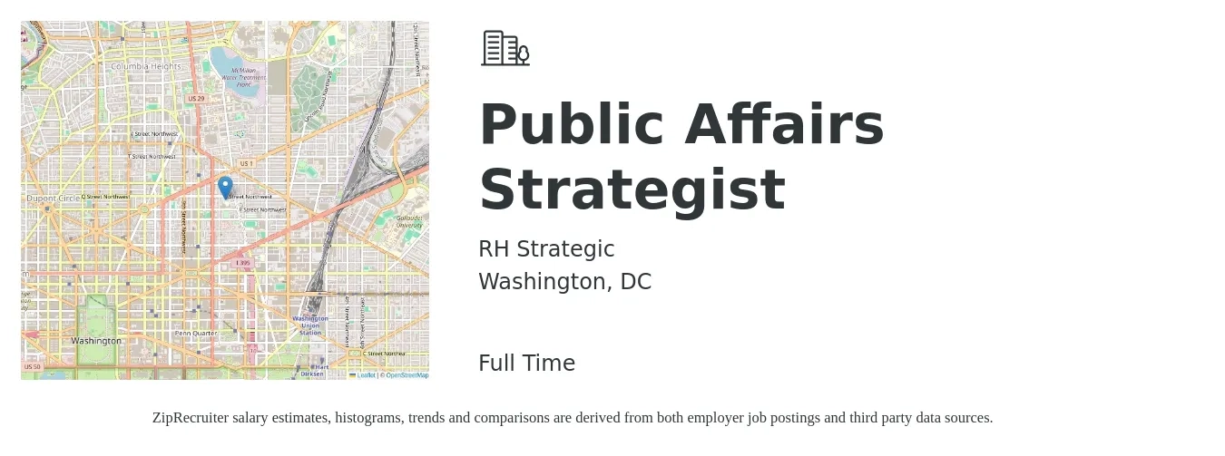 RH Strategic job posting for a Public Affairs Strategist in Washington, DC with a salary of $48 to $64 Hourly with a map of Washington location.