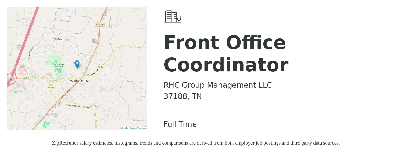 RHC Group Management LLC job posting for a Front Office Coordinator in 37188, TN with a salary of $16 to $21 Hourly with a map of 37188 location.
