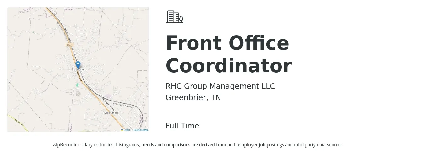 RHC Group Management LLC job posting for a Front Office Coordinator in Greenbrier, TN with a salary of $14 to $18 Hourly with a map of Greenbrier location.