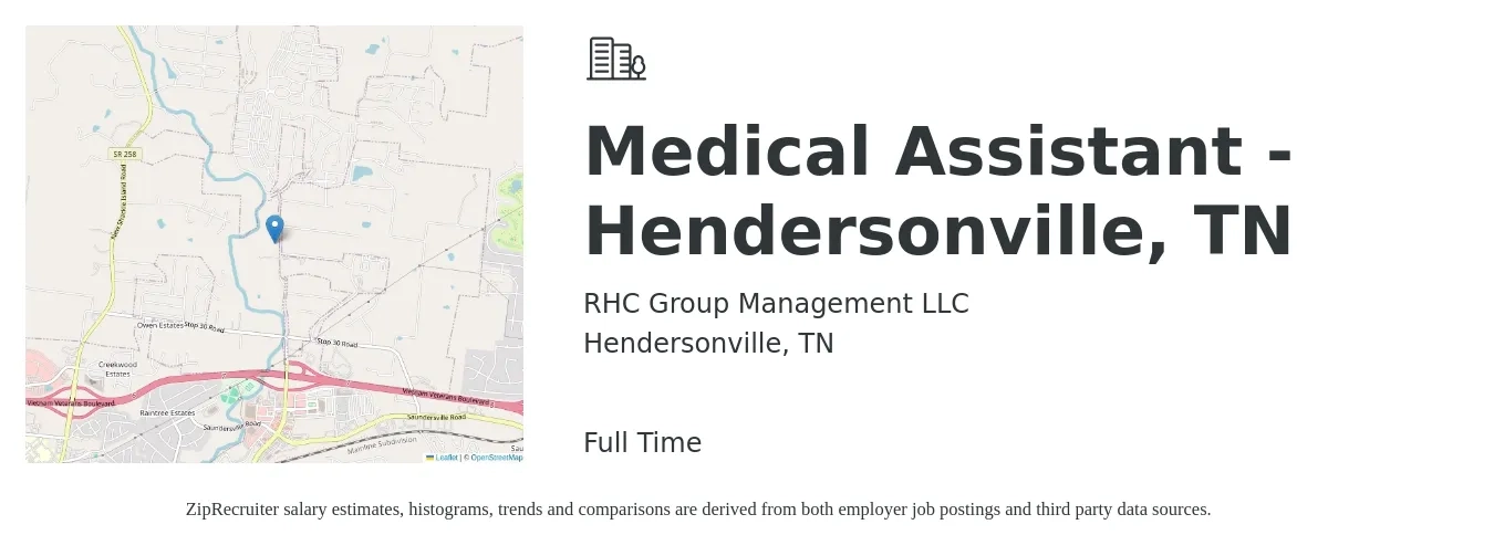 RHC Group Management LLC job posting for a Medical Assistant - Hendersonville, TN in Hendersonville, TN with a salary of $17 to $22 Hourly with a map of Hendersonville location.