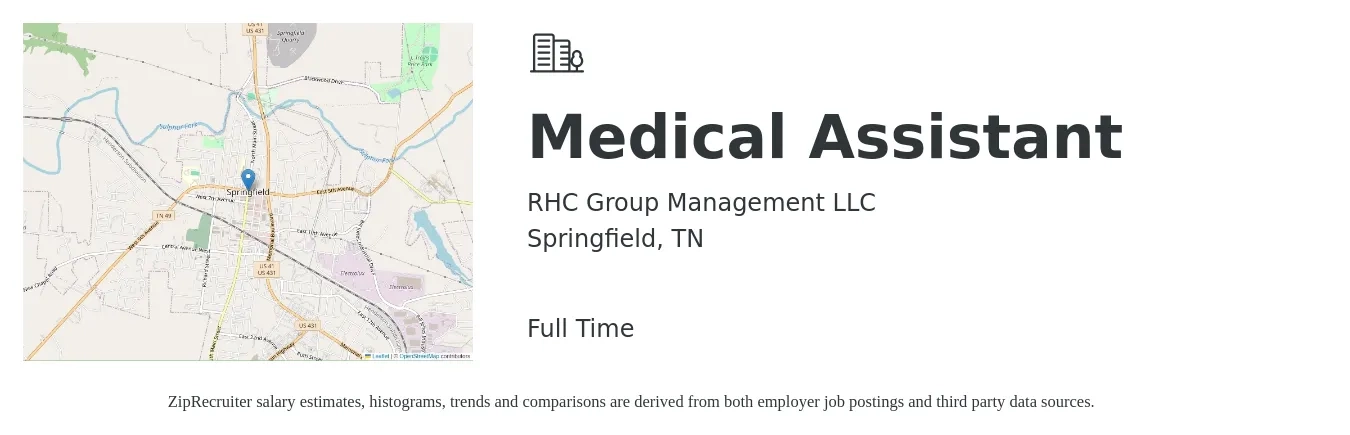 RHC Group Management LLC job posting for a Medical Assistant in Springfield, TN with a salary of $17 to $22 Hourly with a map of Springfield location.