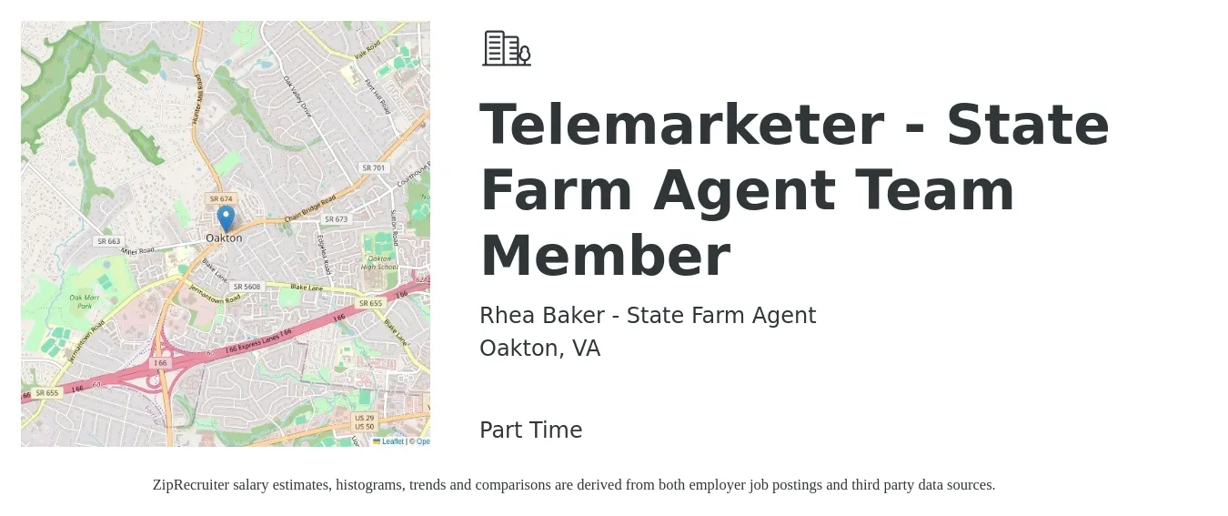 Rhea Baker - State Farm Agent job posting for a Telemarketer - State Farm Agent Team Member in Oakton, VA with a salary of $15 to $22 Hourly with a map of Oakton location.
