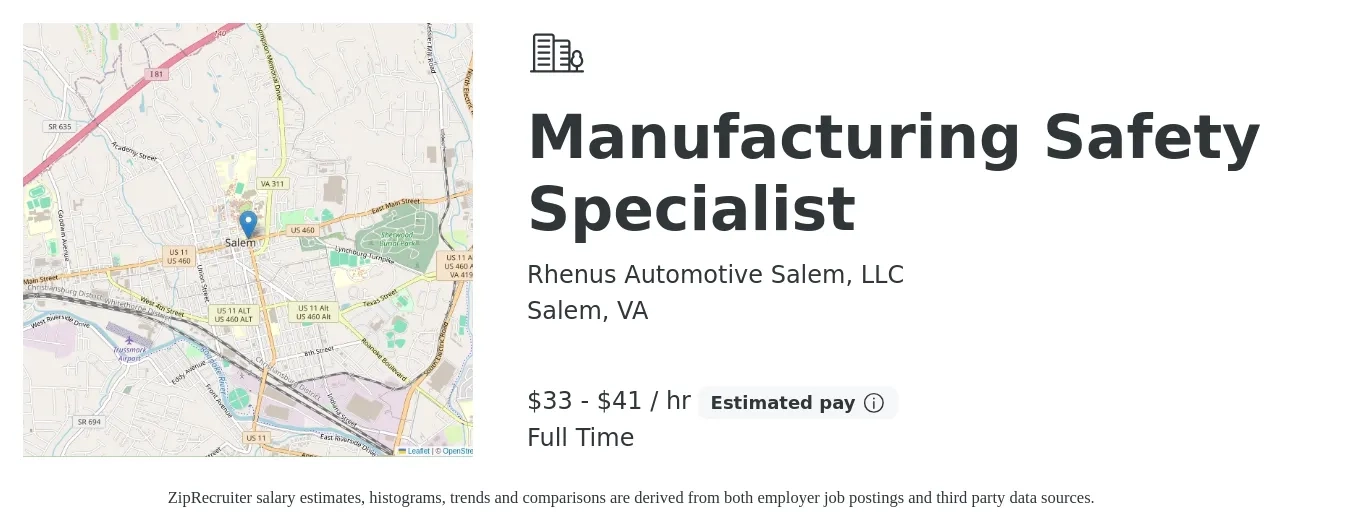 Rhenus Automotive Salem, LLC job posting for a Manufacturing Safety Specialist in Salem, VA with a salary of $45,000 to $71,700 Yearly with a map of Salem location.